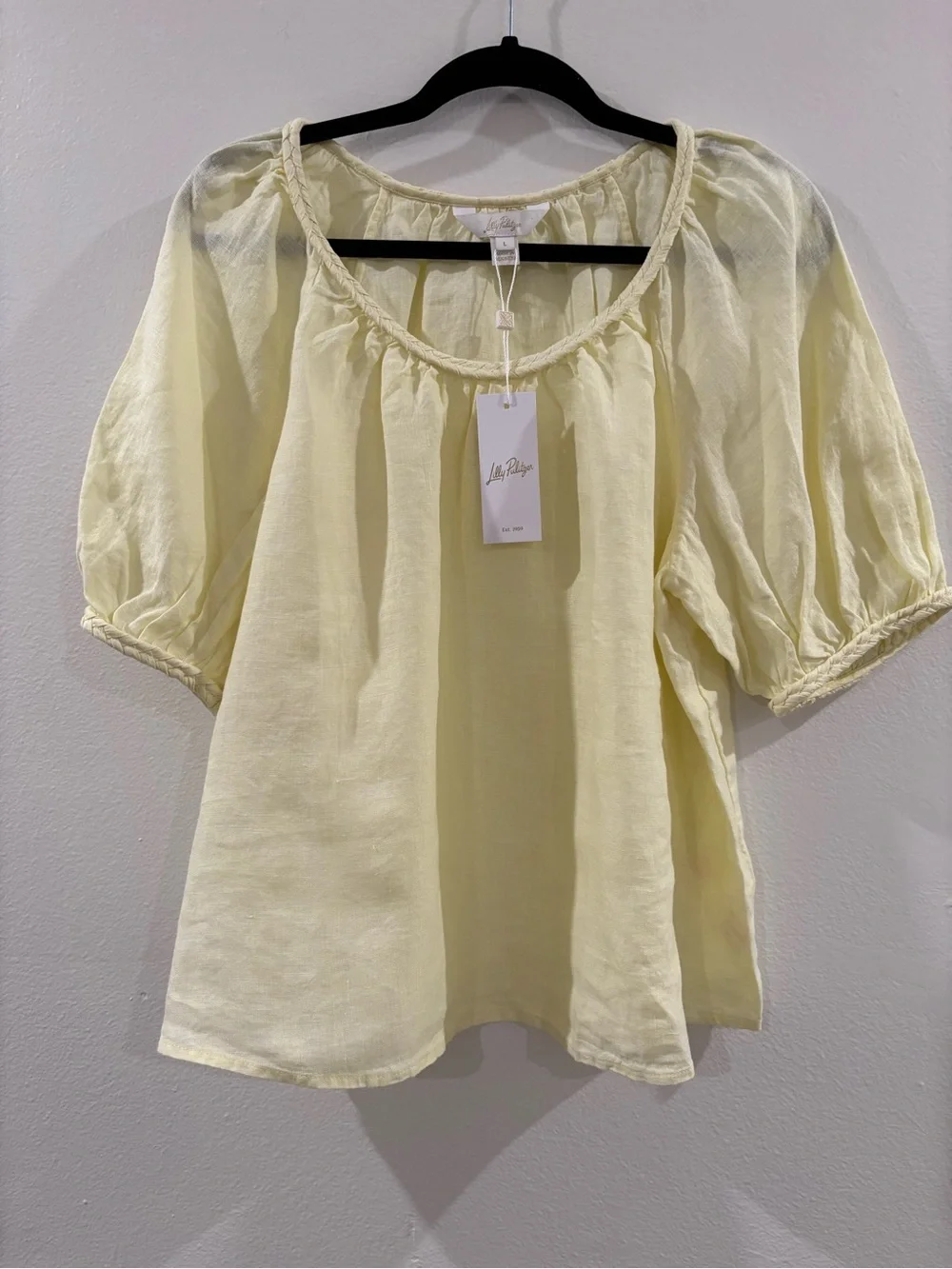 Lilly Pulitzer Pale Yellow Linen Puff-Sleeve Scoop Neck Top